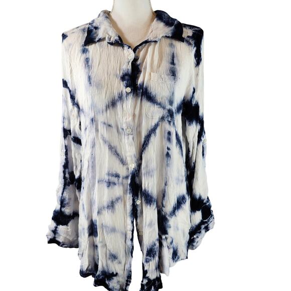 Green Dragon Women's Blue and White Tie Dye Longsleeve Button Up Top Size Large - Picture 1 of 9
